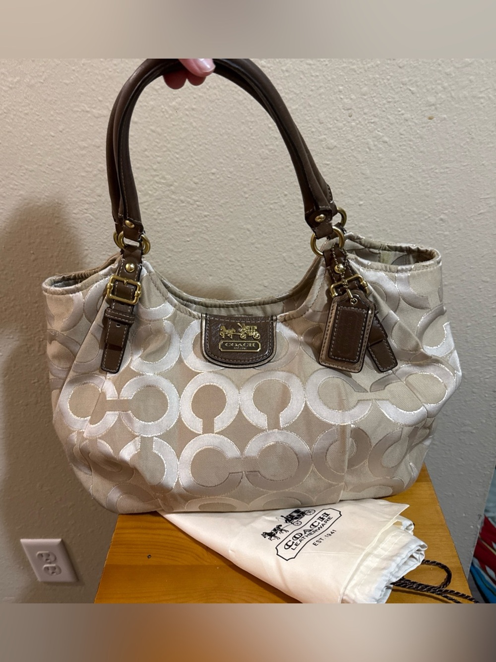 Coach Beige Signature Shoulder Tote with Brown Leather Trim dust bag